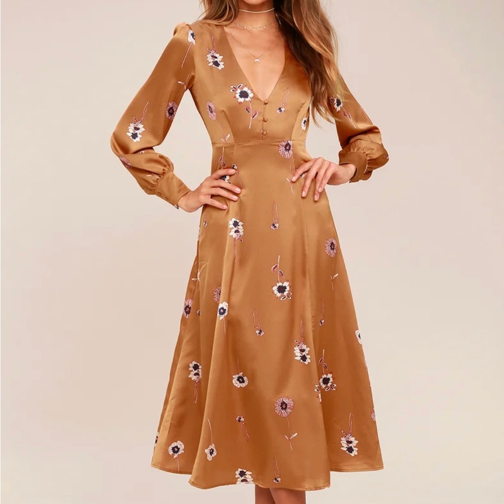 Lulu's Mustard Brown Floral Satin Long Sleeve Midi Dress